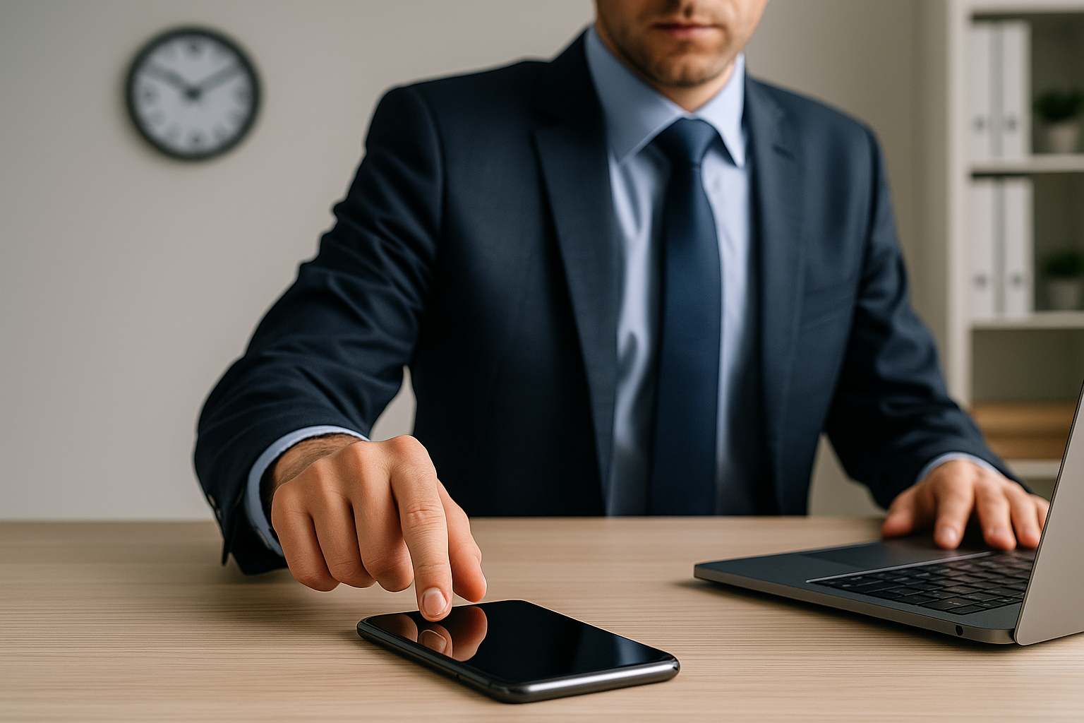 Desconexión digital en el trabajo – profesional en pausa sin dispositivos electrónicos en horario no laboral.