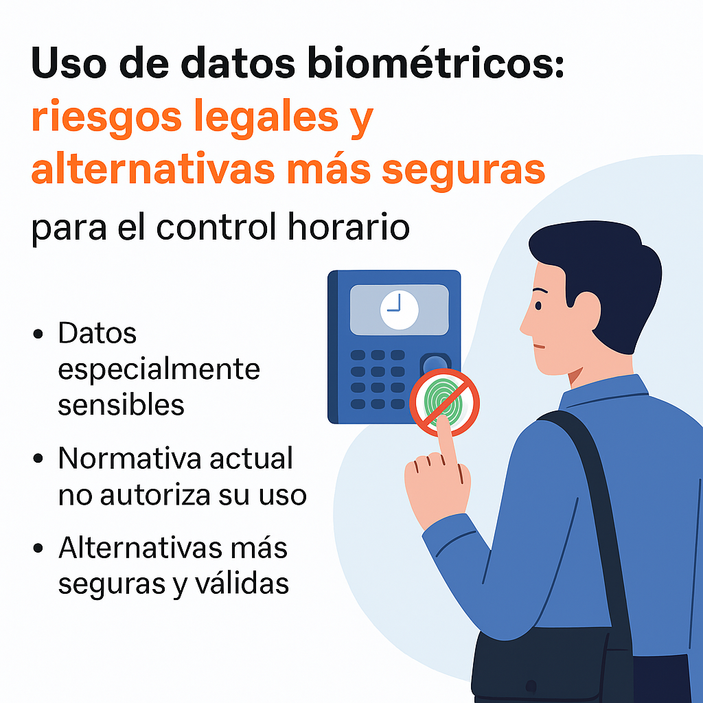 Empleado intentando fichar con huella digital en un sistema biométrico no recomendado por riesgos legales.