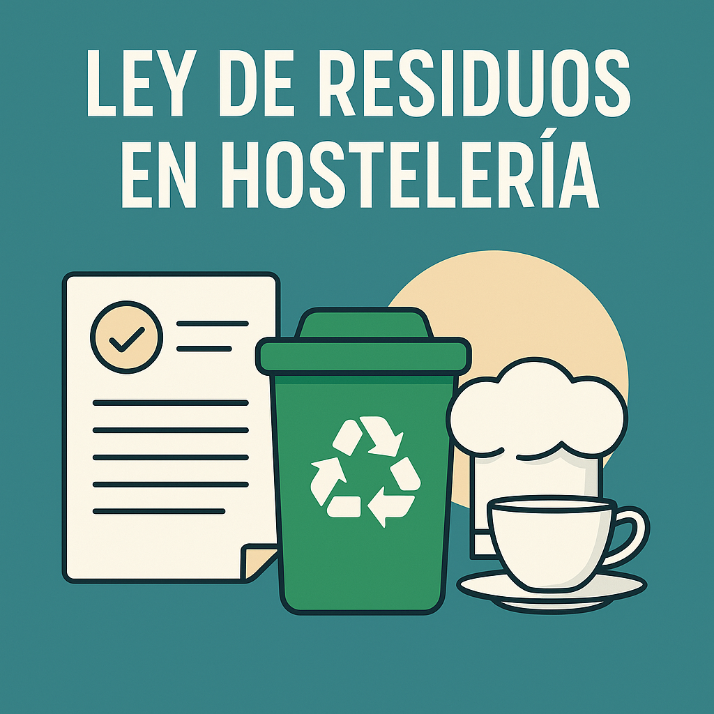 Imagen con contenedor de reciclaje, documento legal, gorro de cocinero y taza, acompañados del título “Ley de Residuos en Hostelería”.